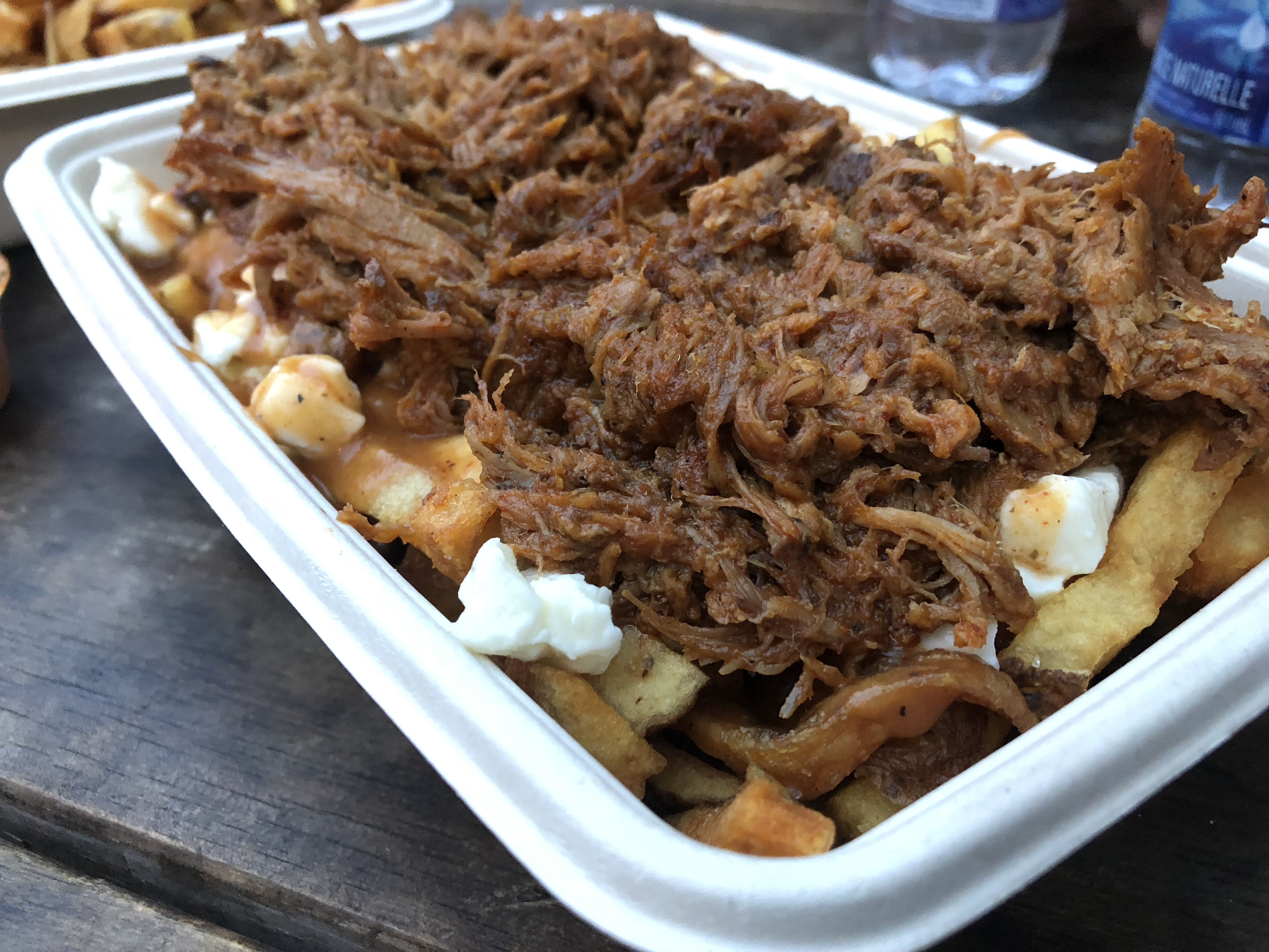 golden french fries topped with brown gravy and white cheese curds, which is all topped with juicy, barbecue pulled pork