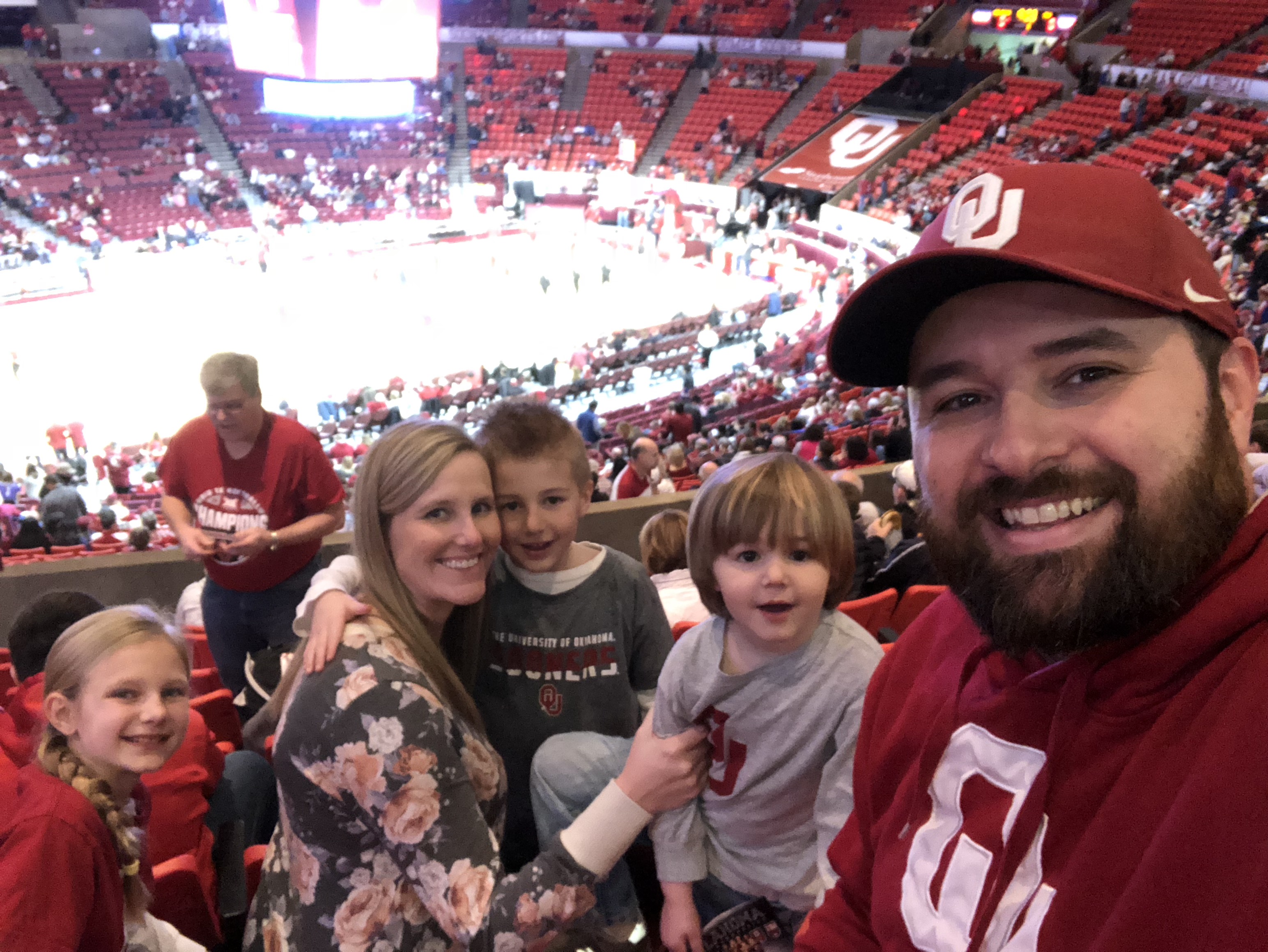 Michael and his family at a University of Oklahoma Sooners basketball game in January 2019.